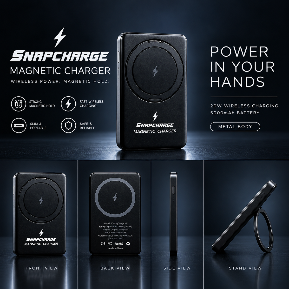 SnapCharge MagCharge X1 magnetic power bank – front, back, side and ring stand views, 5000mAh battery, metal body